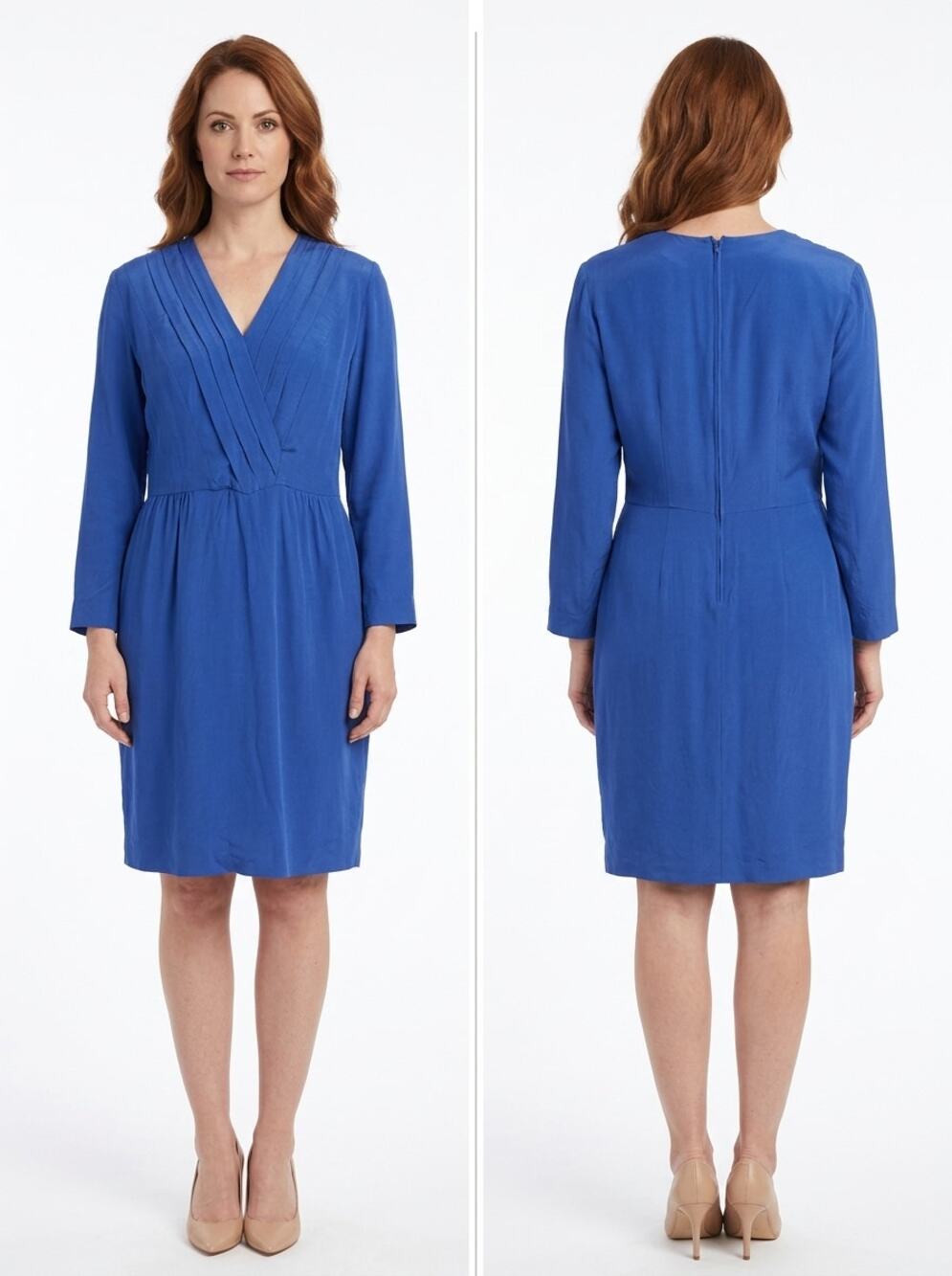 Vintage Silk Blend Talbots Blue Draped V-Neck Pleated Dress Women Size 12